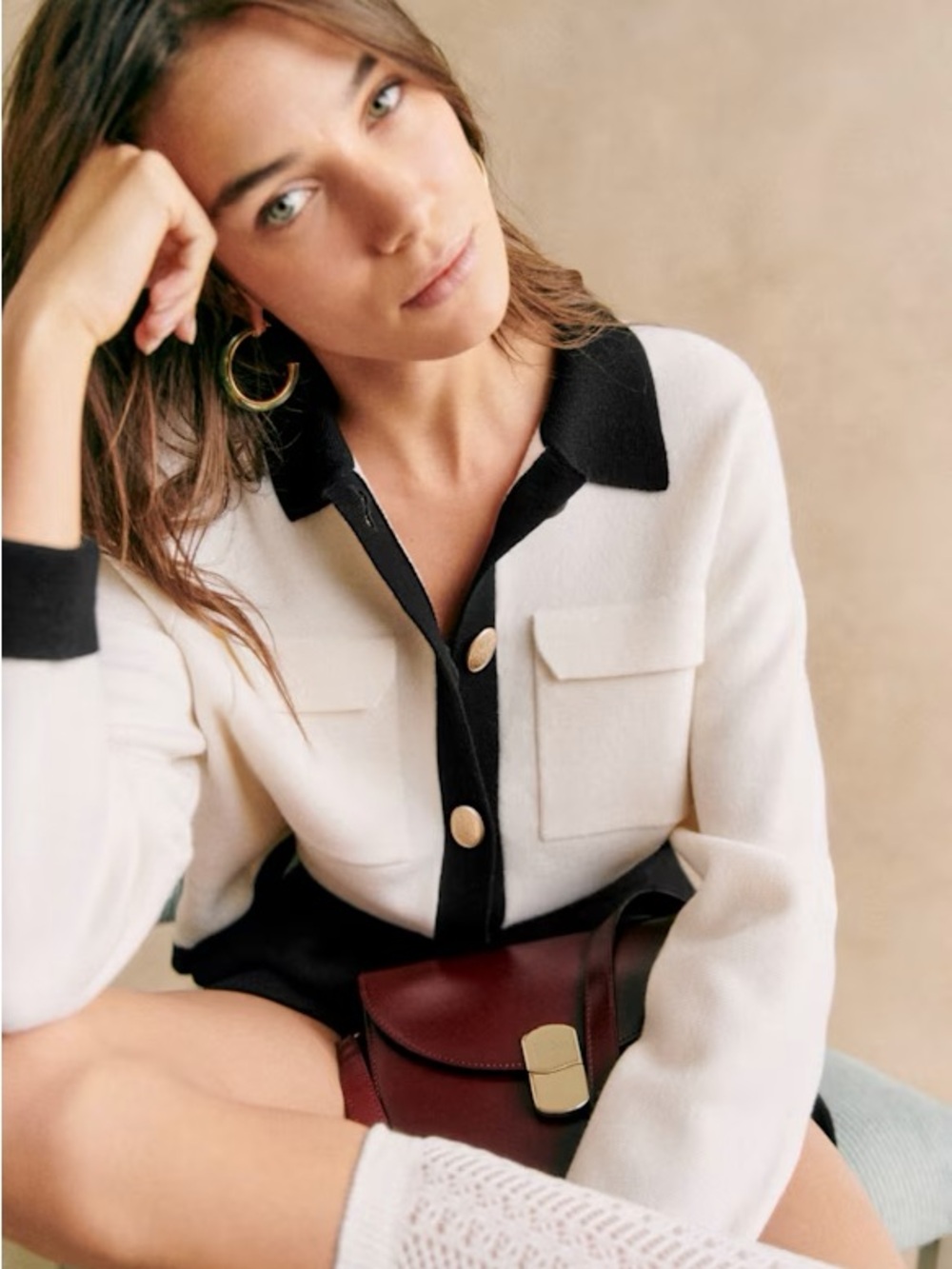Sezane Betty Cardigan Ecru/Black in Medium